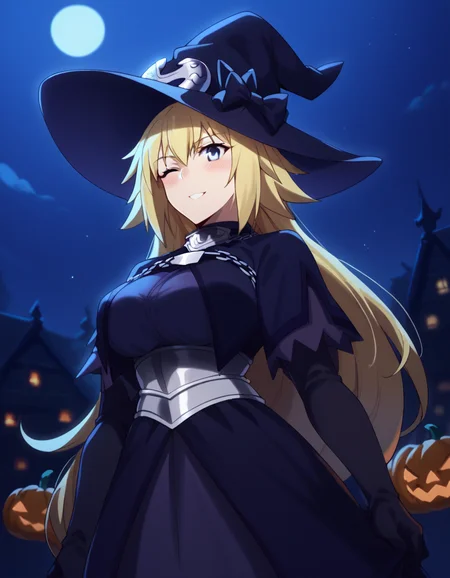 score_9, score_8_up, score_7_up, source_anime, <lora:jeanne-d-arc-apocrypha-s1-ponyxl-lora-nochekaiser:1>, jeanne d arc, blonde hair, blue eyes, long hair, large breasts,, <lora:witch-ponyxl-lora-nochekaiser:1>, witch, hat, witch hat, dress, halloween, halloween costume, jewelry,, night, moon, blush, smile, one eye closed,, , dutch angle, cowboy shot