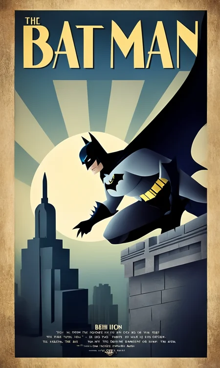 batman on a ledge, Text:"THE BATMAN ", <lora:artdecopostsdxl:0.8>, art deco style poster