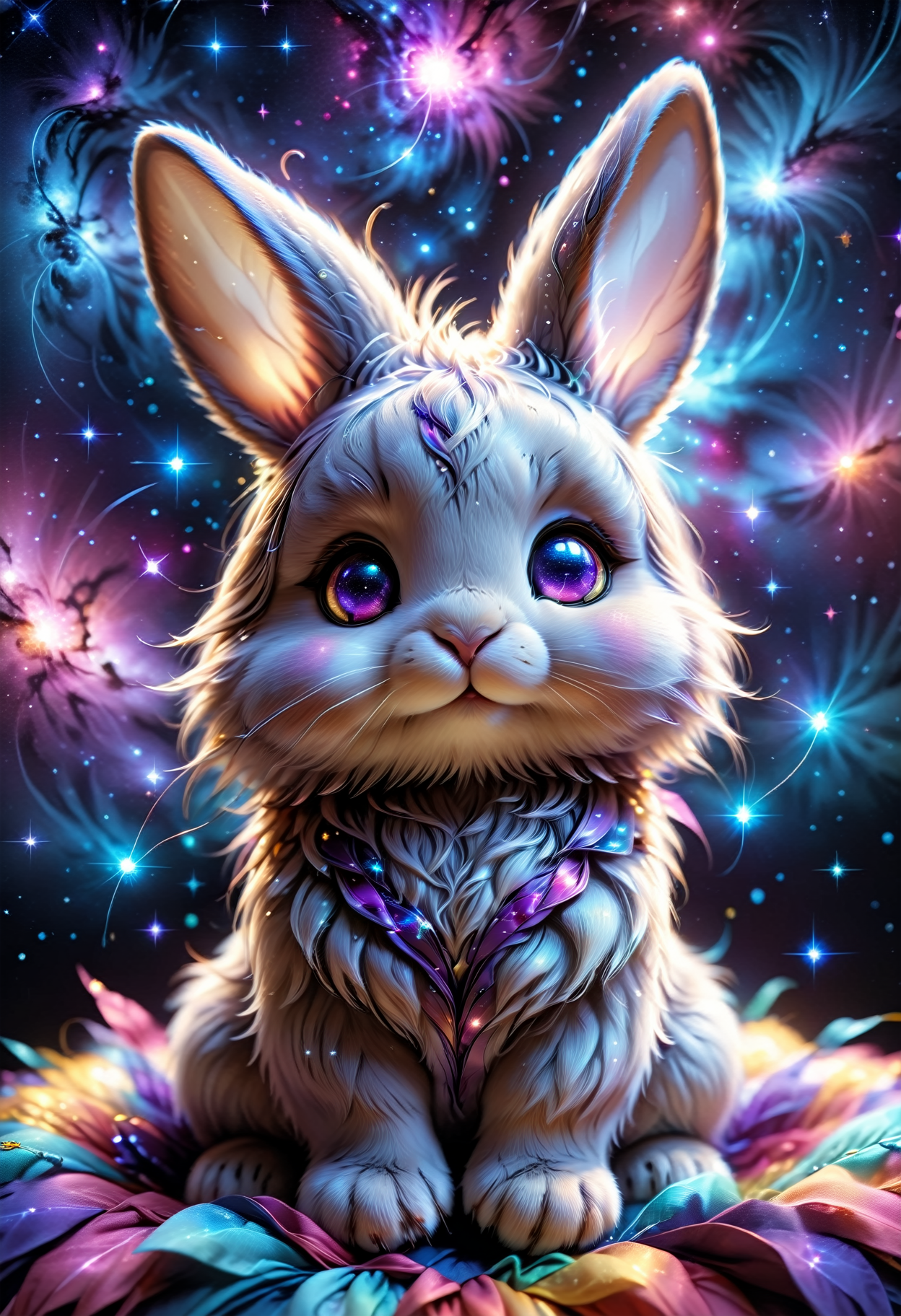 (((videogame_style))), (sharp focus:1.2), lineart, flat color, monochrome, greyscale, depth of field, bokeh, 8k, OLED, 1 baby bunny, being playful, wearing ribbon choker in different colours, different fur, super cute,, The bunny raises its paws towards the viewer, in the galaxy, space bunny lying on a ruffled pillow in the clouds,purple pillow, lluminated by the ethereal glow of cosmic lightning, the light is reflecting shadows on the cute animal, for the viewer, it appears alive, as if a glimpse of its inner sparkle is possible, star sky, peacful and grateful atmosphere, painted hearts, magical atmosphere, close up, (((cuteness overload))), <lora:detailed_notrigger:0.9>, zhibi <lora:zhibi:0.8>, <lora:tweak-detail-xl:0.7> <lora:Jed-Cosmos-sdxl:0.7> Jed-Cosmos