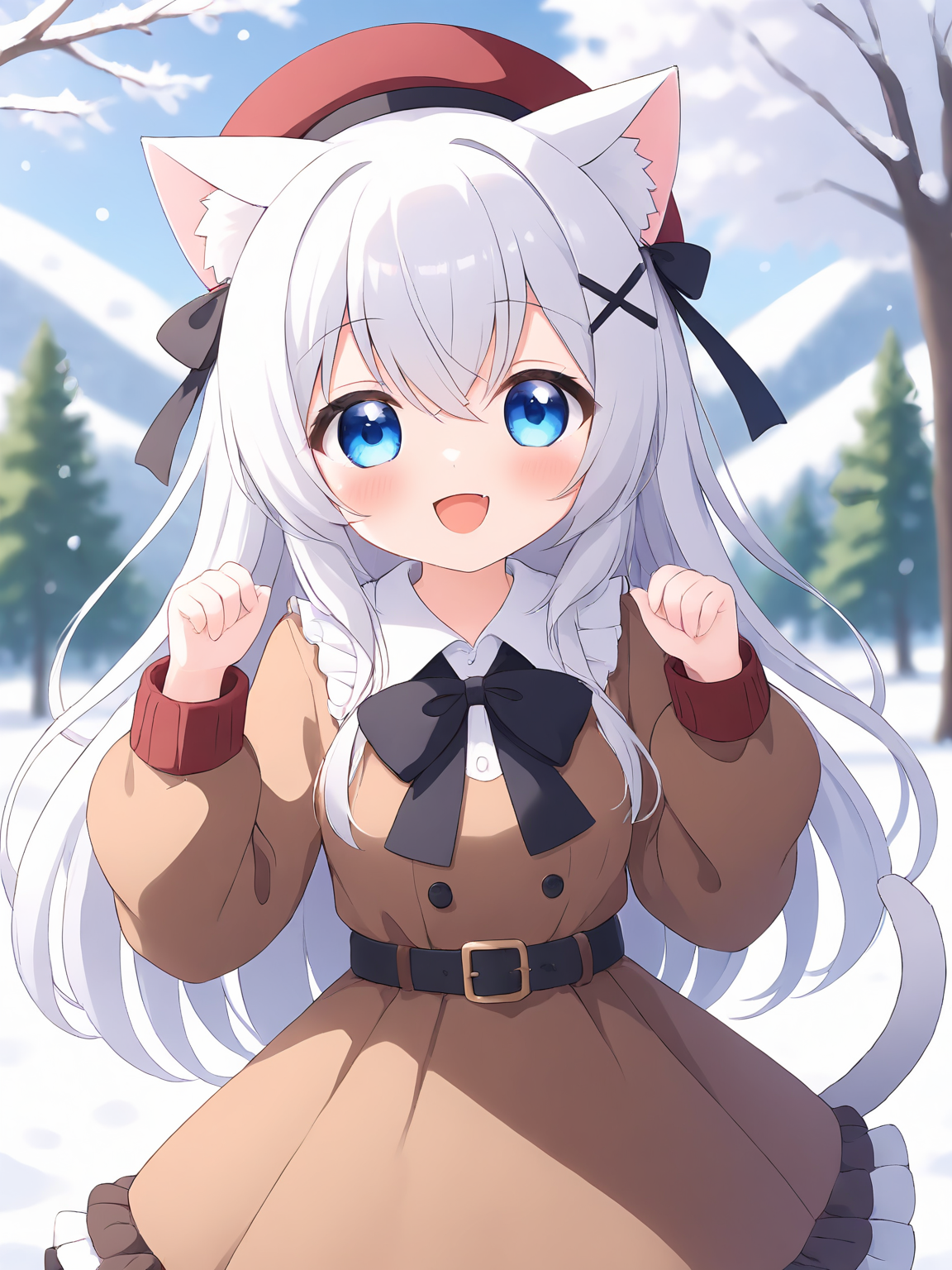 1girl, animal ears, tail, solo, cat tail, blue eyes, cat ears, hat, cat girl, long hair, outdoors, smile, frilled dress, dress, fang, :d, animal ear fluff, hair between eyes, blurry background, frills, beret, long sleeves, white hair, bangs, blurry, bow, red headwear, brown dress, very long hair, looking at viewer, snow, puffy long sleeves, puffy sleeves, hands up, depth of field, tree, blush, snowing, frilled skirt, belt, collared shirt, hair bow, open mouth, brown headwear, red bow, black bow, day,<lora:Animation illustration style supplementary model-SDXL-Lora-2024.12.30-version1-000043:0.6>,
