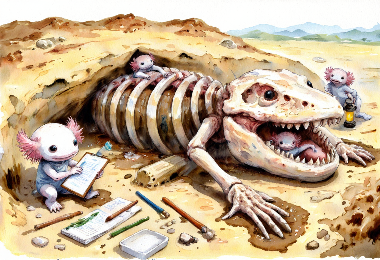 Watercolor painting of, axolotls as tiny archaeologists, excavating a giant fossil. One axolotl is using a toothbrush to carefully brush away dirt from a massive bone, while another is taking notes on a clipboard thatâs almost as big as itself. A third axolotl is peeking out of a hole, holding a lantern to illuminate the excavation site. The scene is filled with digging tools, ropes, and a sense of discovery, with the enormous skeleton partially buried in the earth., the axolotls have pink frilly gills and round black eyes