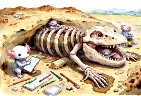 Watercolor painting of, axolotls as tiny archaeologists, excavating a giant fossil. One axolotl is using a toothbrush to carefully brush away dirt from a massive bone, while another is taking notes on a clipboard thatâs almost as big as itself. A third axolotl is peeking out of a hole, holding a lantern to illuminate the excavation site. The scene is filled with digging tools, ropes, and a sense of discovery, with the enormous skeleton partially buried in the earth., the axolotls have pink frilly gills and round black eyes