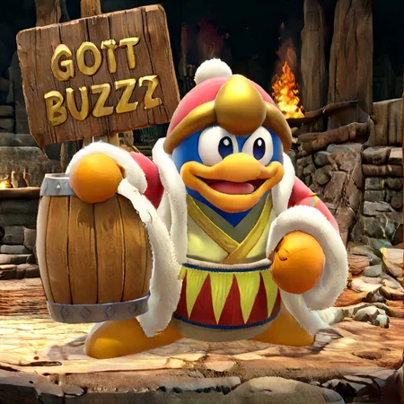 Buzz, (official art), (best quality:1.3), (masterpiece:1.3), (detailed:1.2), HD, distinct image, Rim lighting, buzz, (Text:"GOT BUZZ??"), holding wooden sign, KingDededeXL, looking at viewer, smug