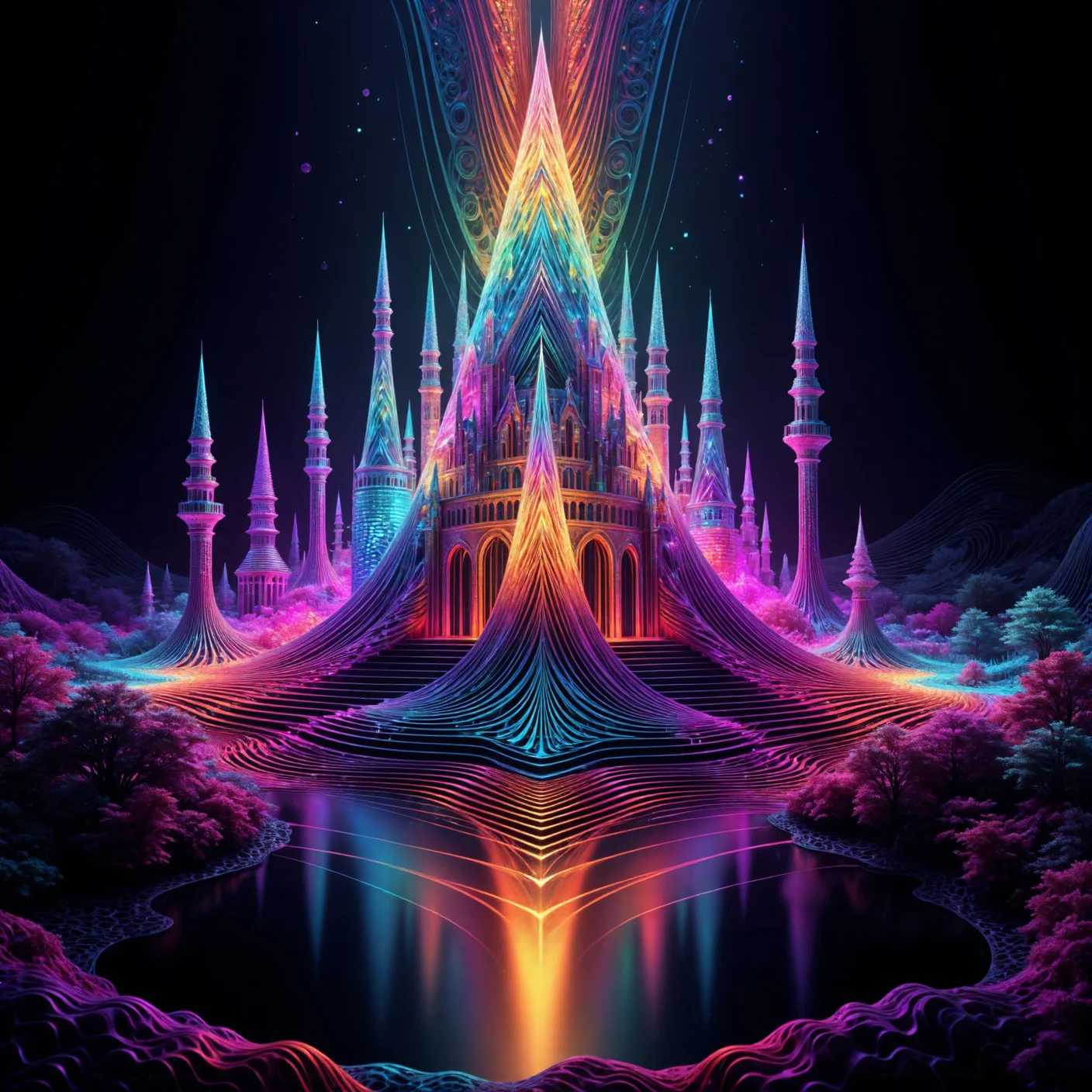 A crystalline cathedral made entirely of fractangles, glowing with internal light, perched atop a floating fractal island in a vast cosmic void. Complex angular towers twist toward the heavens, reflecting a kaleidoscope of HDR10+ iridescent tones. The scene is illuminated with global illumination and soft volumetric lighting, rendered with Dolby Vision clarity, raytraced reflections, and physically accurate light bounce. The composition follows the rule of thirds with strong leading lines guiding the viewerâs eye through the structure, surrounded by floating polygonal symbols and geometric constellations. Captured on an 8K ultra-wide cinematic lens, hyperrealistic depth of field, perfect geometry balance, extreme detail, and photorealistic shadow falloff. HDR10+, Dolby Vision, raytraced lighting, photorealistic caustics, cinematic DOF, hyperdetailed, 8K, global illumination, soft shadows, bloom, perfect composition, leading lines, rule of thirds, volumetric light shafts, lens flare <lora:Fractangles_Flux:0.8000000000000002>