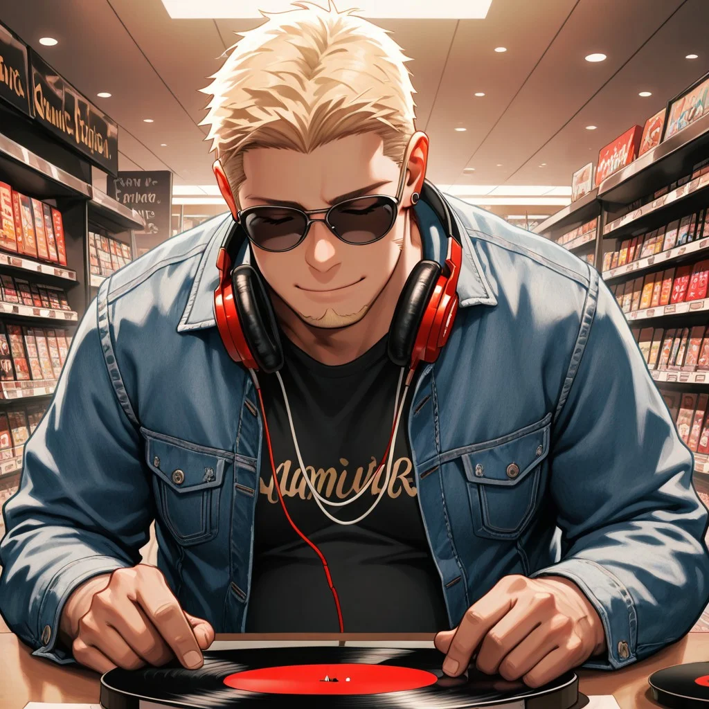 masterpiece, best quality, amazing quality, absurdres, newest, detailed background, definition so sharp, Ultra-HD, 8K cinematic, very awa, impressionate, amazing quality, highres,
solo, male focus, manly,
1boy, short hair, goatee, chubby, rikio_blonde, rikio_brown eyes, rikiokamamoto, sunglasses \(around neck\), earrings, sideburns, casual wear, denim jacket, record store, vibrant colors, chill, absorbed, content, harmonious, rhythmic, holding headphones, listening to music, closed eyes, subtle smile,