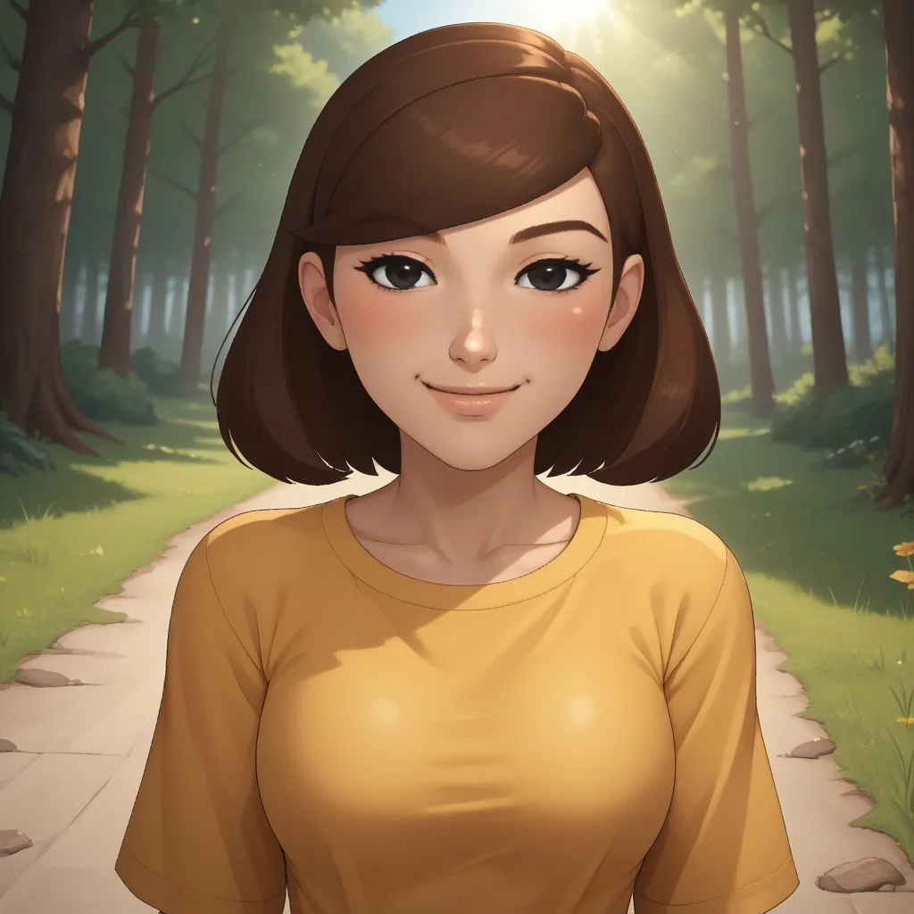 score_9, score_8, BREAK, solo, wii, mii, wii sports, 1girl, female mii, black eyes, brown hair, brown eyebrows, blush, yellow clothing, white pants, shoes, nintendo mii, modern_mii, classic_mii, breasts, Mizuho_(Wii_Sports), cute, sexy pose, smile, outdoors, sunlight, shadows, evening lighting, natural lighting, forest, trees, grass, orange sky, sunset