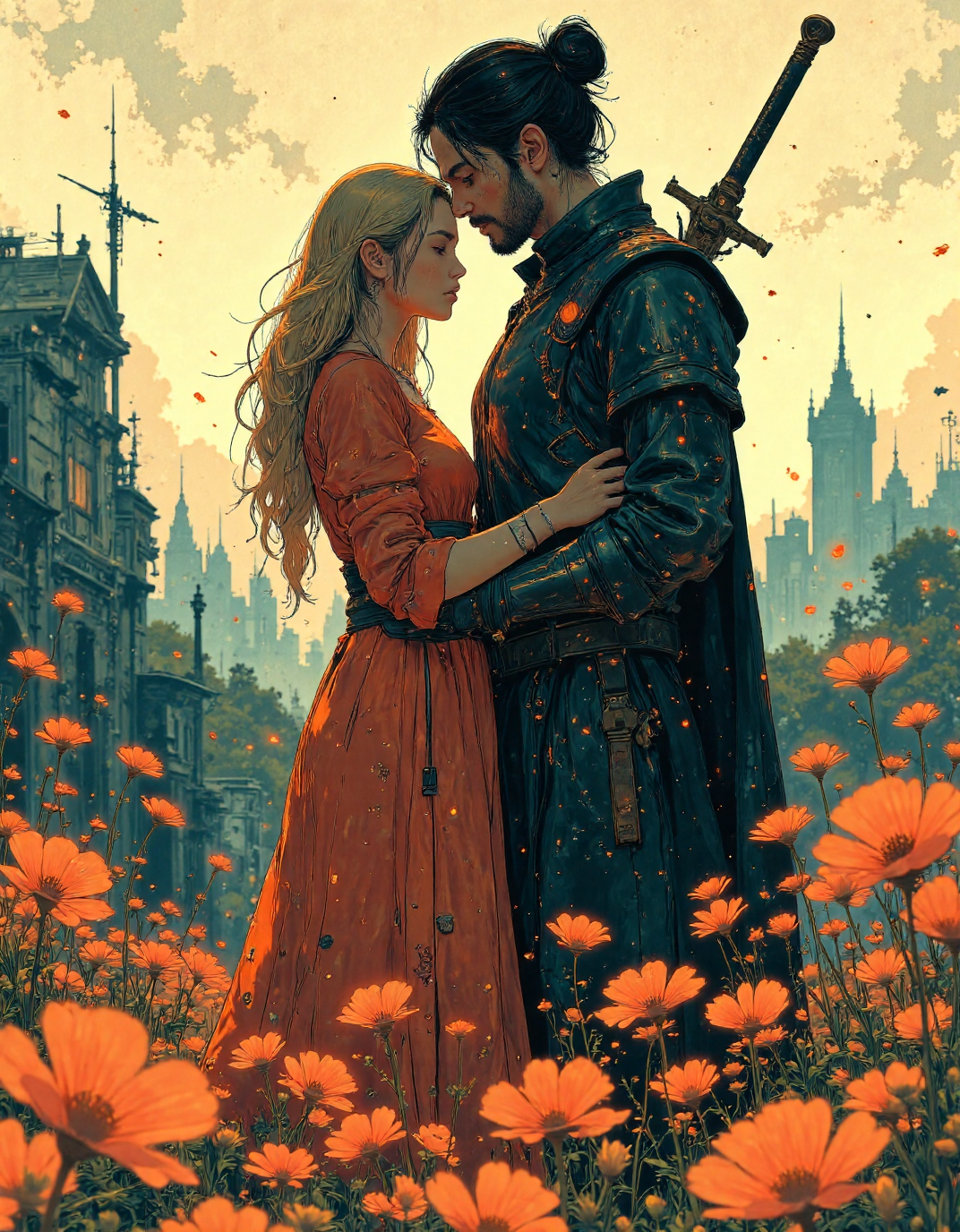 Embrace in a field of poppies: A dark, imposing knight in full plate armor with a large sword on his back embraces a woman with long, blonde hair and a flowing crimson dress. The background features a detailed medieval city with a prominent cathedral, rendered in soft, hazy tones. The dominant colors are red, black, gold, and muted greens and blues. The style is reminiscent of classic fantasy art with a touch of impressionism in the background. Medium shot, slightly low angle, emphasizing the knight's imposing presence. Digital painting, highly detailed, <lora:ìë¦ëµê³ _ì°ìí_r1:0.6>, <lora:ìë¬µí:0.6>, <lora:FantasyWizardWitchesFluxV2-000001:0.8>
