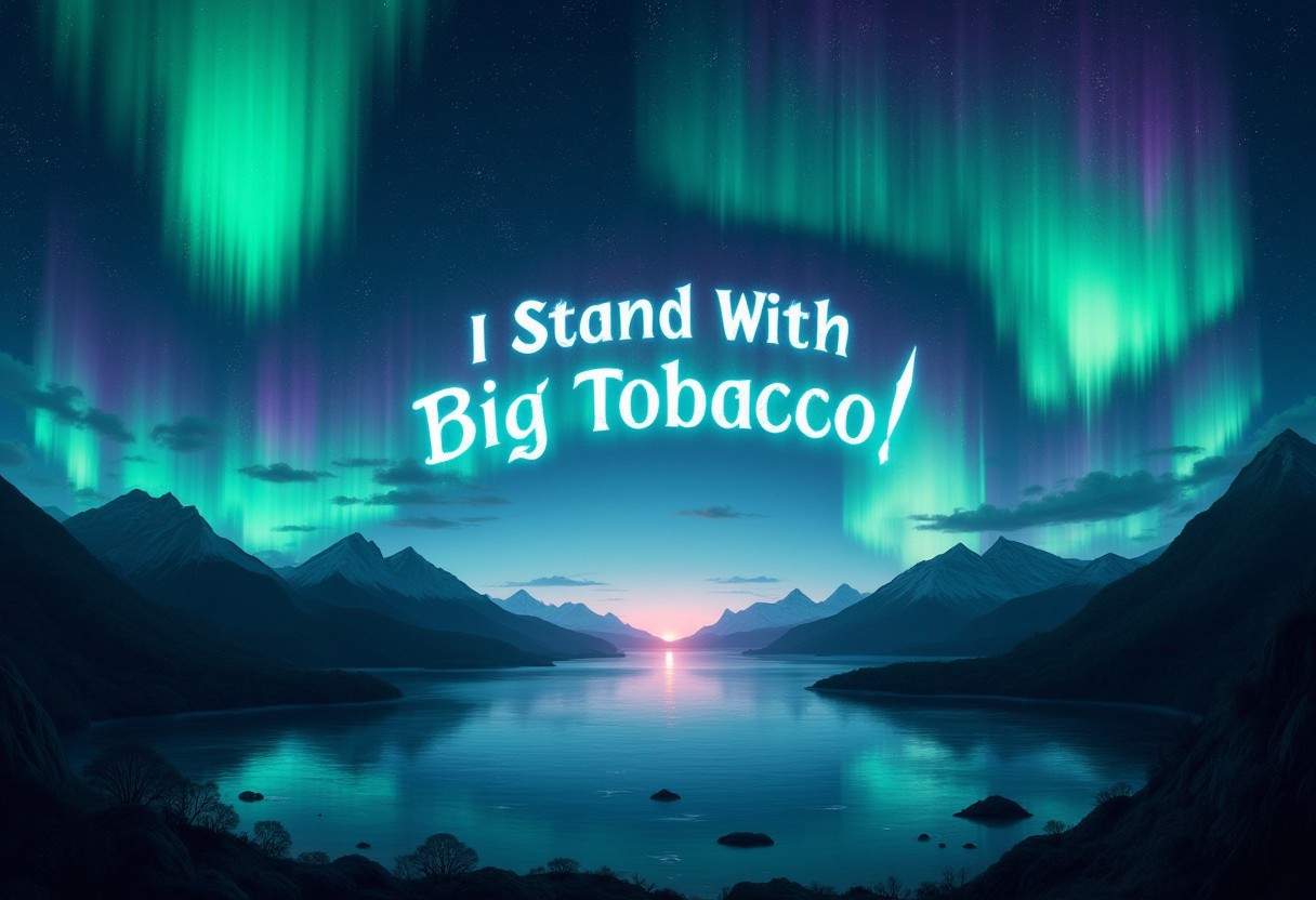A stunning aurora borealis illuminates the night sky, with vibrant green and purple waves spelling out “I Stand With Big Tobacco!” above a serene landscape, featuring silhouetted mountains and a tranquil lake reflecting the colorful lights. 