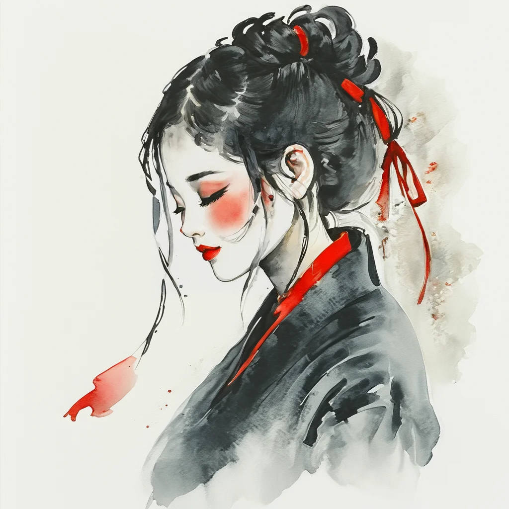 <lora:Expressive_Watercolor_Ink_washSDXL:1> ArsMJStyle, Expressive Watercolor Ink Wash, The image is a watercolor painting of a woman's face. The woman has long dark hair tied up in a bun with a red ribbon tied around it. She is wearing a black jacket with a high collar and a red scarf around her neck. Her eyes are closed and her lips are painted with red lipstick. The background is white with a subtle texture of red and gray. The overall mood of the image is peaceful and serene., 1girl, solo, japanese clothes, makeup, black hair, kimono, red lips, closed eyes, profile, white background