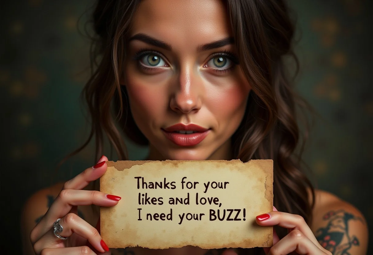 award wining photography, woman, (photorealistic:1.8), (ultra realistic:1.7). (instagram influencer photo:1.8). vintage, 45 YO woman, OverallDetail, Magical beautiful background fantasy, perfect face and eyes, hyper-detailed hypermaximalist dynamic style. Holding a card with a quote, spell text "Thanks for the likes and love, I need your BUZZ!" aidmatextimprover