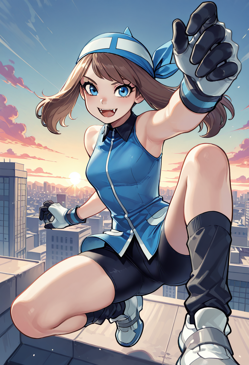 masterpiece, best quality, 1girl, eyelashes, (beautiful eyes), looking at viewer, smile,   zzSapphire, gloves, fangs, bike shorts, black socks, blue bandana, solo, dynamic jump, city rooftop, twilight sky â Leaping across city rooftops, zzSapphireâs blue bandana flutters in the wind, her fangs gleaming in the dim light as she lands gracefully, bike shorts and black socks framing her agile figure.  (dynamic pose, foreshortening),  ,<lora:SapphireBirchPokemon_IXL:1.0>,