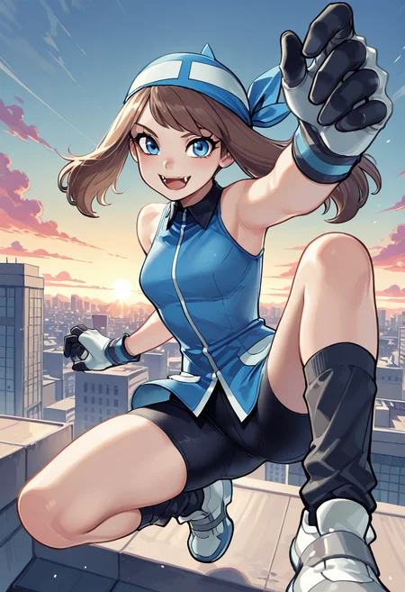 masterpiece, best quality, 1girl, eyelashes, (beautiful eyes), looking at viewer, smile, zzSapphire, gloves, fangs, bike shorts, black socks, blue bandana, solo, dynamic jump, city rooftop, twilight sky â Leaping across city rooftops, zzSapphireâs blue bandana flutters in the wind, her fangs gleaming in the dim light as she lands gracefully, bike shorts and black socks framing her agile figure. (dynamic pose, foreshortening), ,<lora:SapphireBirchPokemon_IXL:1.0>,