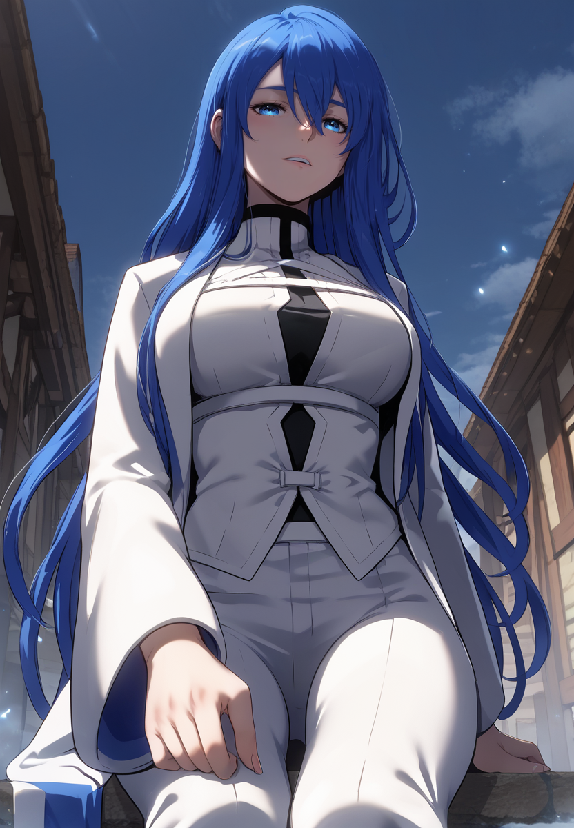 zPDXL3, score_9_up, score_8_up, score_7_up, (Anime_source),Masterpiece,(perfect female body:1.2), small waist, (incredibly detailed:1.4), slim, beautiful fingers, beautiful white skin, Beautiful clear skin, (large breasts:1.4)  thighs, looking at viewer, big breasts,  <lora:Pridya_-_The_Priest_of_Corruption-Kaleid_PONY:0.9> pridya, 1girl, blue eyes, blue hair, long hair, hair between eyes, coat, sitting, from below, looking down, pants,