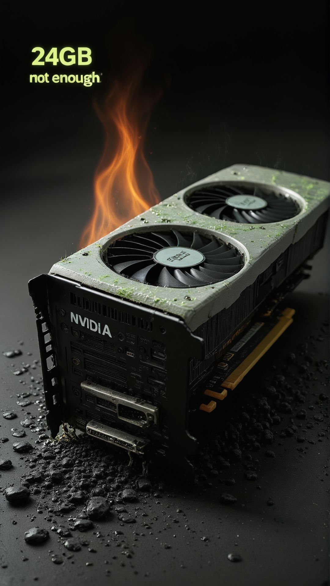 Burning NVidia GPU with text:"24gb is not enough nvidia"
 <lora:aidmaflux-style-V0.1:1>  flex-style, text, 
 <lora:text2:1> text:"24gb is not enough nvidia"