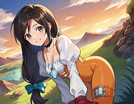 score_9, score_8_up, score_7_up, source_anime,
garnet, <lora:garnet-til-alexandros-xvii-ponyxl-lora-nochekaiser:1>,
garnet, grey eyes, long hair, black hair, low-tied long hair, swept bangs, hair ribbon,
bodysuit, choker, gloves, jewelry, juliet sleeves, long sleeves, necklace, orange bodysuit, pendant, puffy sleeves, red gloves,
outdoors, landscape, bent over, smile,
looking at viewer, dutch angle, cowboy shot,