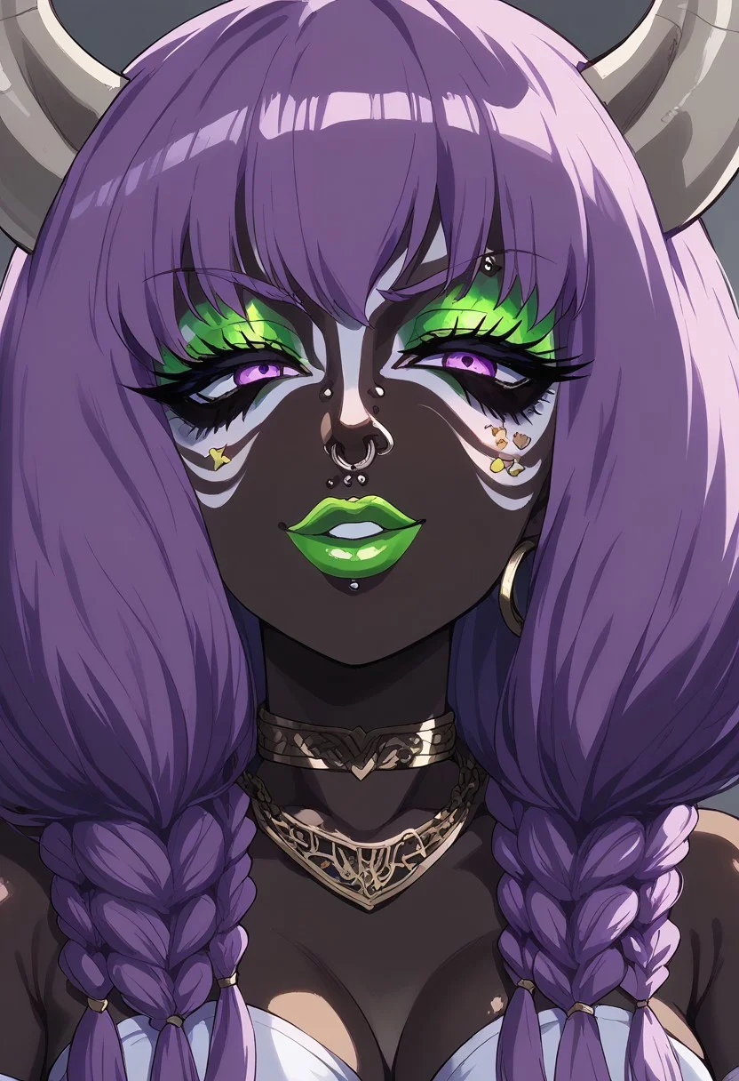 Score_9,score_8_up,score_7_up,score_6_up,source_anime,detail,1girl,solo,neon glow,hoop earrings,dark-skinned female,ggr,(jet-black skin:1.2) BREAK (yamanba, white facepaint makeup:1.3),(face stickers,star stickers, heart stickers,), eyeshadow, very dark skin, (glitter, long thick eyelashes),(green makeup), green lips, (wide lips:1.1), long nails, BREAK
aura the guillotine, long hair, purple eyes, purple hair,(blue highlights), braid, horns, twin braids,skirt, thighhighs, gloves, choker, black gloves, elbow gloves, ((jet-black skin)) BREAK
((ExtrFacePiercing:1.8)), (Big breast:1.4), (Round breast:1.5), BREAK
(indoors:1.1),(morning:1.2), (upper body:1.2),Dutch Angle Shot, (dynamic pose:1.2), face focus, eyes focus, BREAK
sitting, BREAK
Expressiveh, horny face, (half-closed eyes:1.3), evil smile, BREAK
OverallDetail,Frontlight,