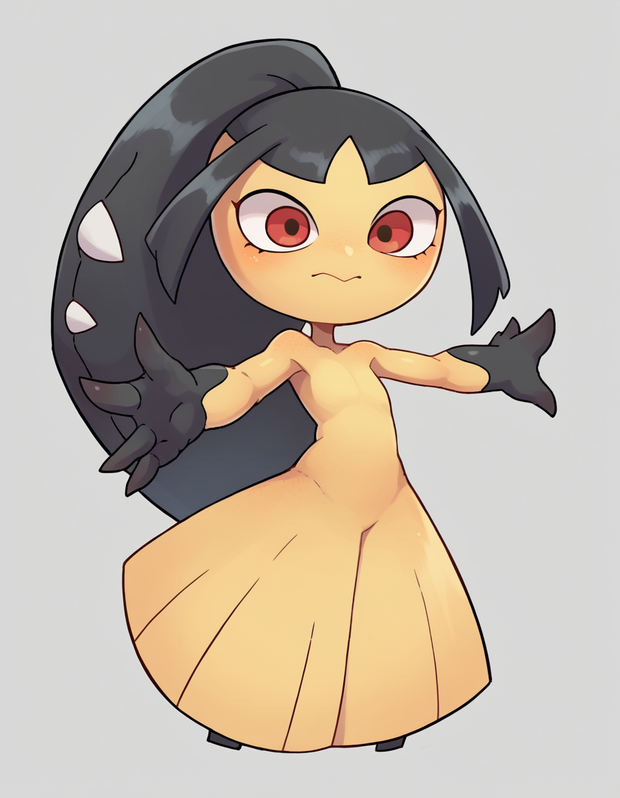 zPDXL, score_9, score_8_up, score_7_up, source_anime, 1girl, solo, 
<lora:Mawile_v2:0.8> mawile, pokemon \(creature\), red eyes, colored skin, extra mouth, multicolored skin, yellow skin, two-tone skin, black skin, ponytail, outstretched arms, <lora:Miwako_v2:1> mwk