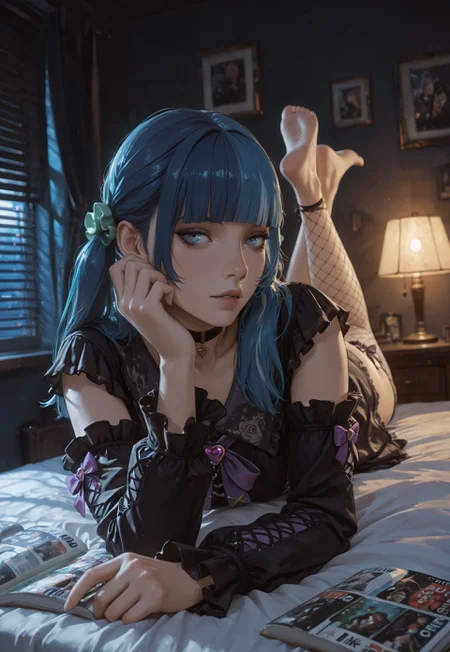 1girl, solo, (ich1g0p5x, blue hair, multicolored hair, twintails, blue eyes, blunt bangs, green scrunchie, choker, black dress, purple bow, goth fashion, detached sleeves, frills, single thighhigh, single fishnet),
dynamic high angle, lying, on bed, on stomach, legs up, turning head, sideways glance (looking at viewer), seductive expression, ass, indoors, bedroom, at night, dark, large window, comfortable bed, soft fabric, open magazines, cozy room, low light, table lamp, warm lighting, window blinds, masterwork, masterpiece, best quality, detailed, depth of field, high detail, best quality, very aesthetic, 8k, dynamic pose, depth of field, dynamic angle, cyberpunk, futuristic