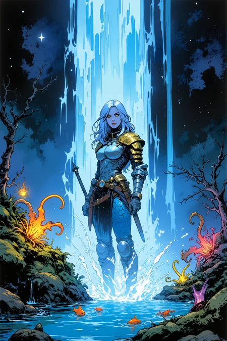 Closeup. Beneath a waterfall that glows with soft, rainbow-colored light, a warrior with pale blue skin and silver hair stands, her body drenched in the ethereal liquid pouring down from the towering cliffs above. Her armor, made of shimmering, iridescent scales, reflects the soft glow of the waterfall, casting vibrant patterns of light across the moss-covered rocks. The water crashes down around her, yet she stands unmoving, her golden eyes fixed on the pool beneath her feet where tiny, glowing fish swim lazily through the crystal-clear water. The cavern surrounding the waterfall is vast and filled with strange, glowing plants that sway gently in the mist, their tendrils reaching out as if to touch the cascading light. Above, the sky is barely visible, just a faint glimpse of stars through the cracks in the cavernâs ceiling. The air is filled with the soft hum of magic, and the water itself seems alive, pulsing with ancient energy that resonates through the rocks. The warrior's expression is one of quiet focus, her connection to the strange, magical place deepening with each passing moment. It is a scene of beauty and serenity, where water and light converge in a breathtaking display of magic. Fantastic lighting. Detailed shadows.intricate details, vivid colors, hyper-detailed, ultra-sharp<lora:Ev_Ganin:0.4><lora:Vintage comic book:0.4><lora:RetroAnimeFluxV1:0.15><lora:Greg_Capullo_style:0.4><lora:jeanClaude_Mzires_Style_FLUX-000001:0.4><lora:Flux_Ink_Anime:0.4>