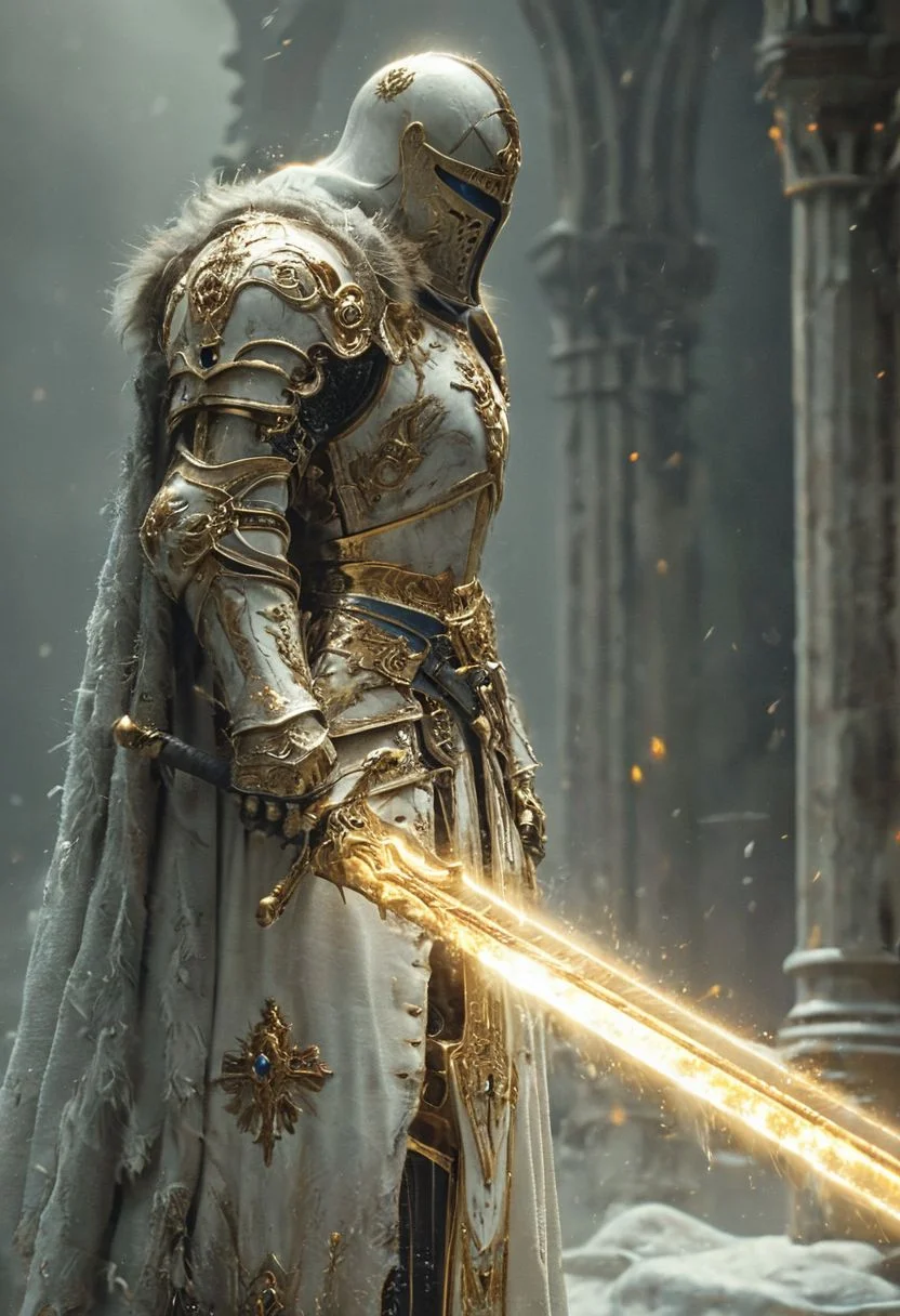 A stunning, highly detailed dark fantasy full body illustration of a proud angelical warrior wearing intricate medieval white HKStyle armor and an epic white ornamented mask, holding a great golden glowing sword, golden and blue glooming eyes, very wide shoulders, wearing big gauntlets, epic composition. The warrior stands heroic with a flowing cloak and white hood during a storm with foggy gloom, thunderclouds in the background . The scene depicts him with brooding emotional agony , style by Greg Rutkowski, by Milo Manara and Russ Mills, with insanely intricate details and textures, gloomy dramatic lighting, 8K resolution