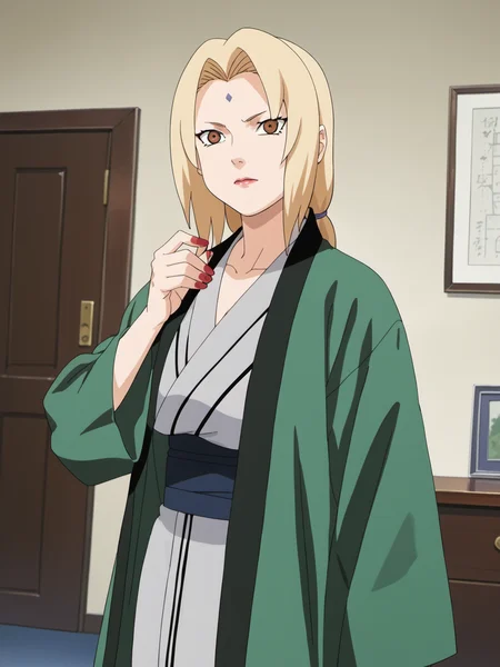naruto style, hard shadows, anime_screencap, anime_core, score_9, score_8_up, score_7_up, solo, <lora:tsunade_train_v5:0.9>, tsunade,brown eyes,uper body,sunade's green Jacket \(outfit\), red nails,indoors, looking at viewer, front view