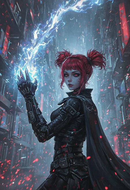 charcoal Videogame illustration full-body portraying slim female witch wielding virtual claw-gauntlet made of plasma. She has fiery red twin-buns hair and black emo-scene makeup, wearing bionic spine exo-skeleton with bright energy. Set in a transparent library environment with an unrelenting plasma vortex, shimmering holograms, chaotic atmosphere. With hard front-lighting, epic, very aesthetic, dappled lighting, vibrant
