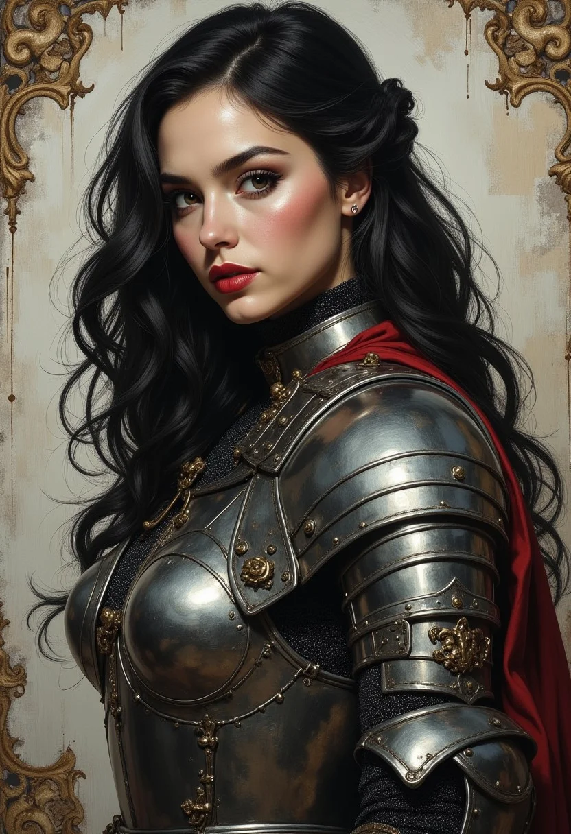illustration, detailed oil painting, masterpiece, portrait of stunning female oriental knight, red lips, dark eye make-up, plate armour adorned with Fleur de Lys, armoured gloves, greaves, cowboy shot, monochrome with spot colour