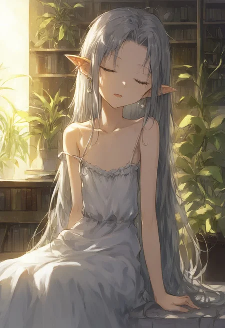 dino (dinoartforame), frieren, sousou no frieren, 1girl, backlighting, bare shoulders, book, bookshelf, closed eyes, collarbone, dress, drooling, drop earrings, earrings, flat chest, grey hair, indoors, jewelry, long hair, messy hair, mouth drool, parted bangs, plant, pointy ears, potted plant, sitting, sleepy, sleeveless, sleeveless dress, solo, strap slip, very long hair, waking up, wariza, white dress