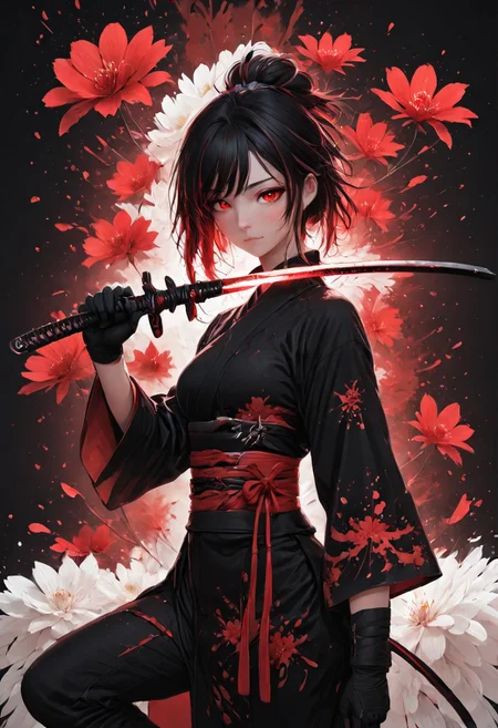 rbw-style, fixl-art, beautiful girl, black ninja suite, holding red katana, fightong pose, white flower petals in the air, dojo in background