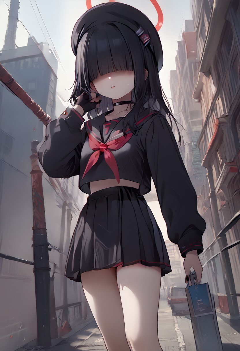 score_9,score_8_up,score_7_up, rating_questionable, source_anime, 1girl, seijitsu-noeye, justice task force member \(blue archive\),(no eyes:1.2), hair over eyes, black hair, halo, choker, beret, black serafuku, red neckerchief, short skirt, thighs, goth, black fingernails, black boots, standing, (from below:0.7), dutch angle, full body, city at night