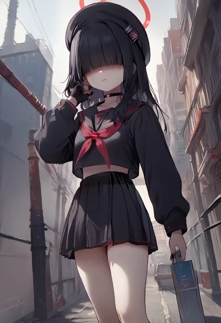 score_9,score_8_up,score_7_up, rating_questionable, source_anime, 1girl, seijitsu-noeye, justice task force member \(blue archive\),(no eyes:1.2), hair over eyes, black hair, halo, choker, beret, black serafuku, red neckerchief, short skirt, thighs, goth, black fingernails, black boots, standing, (from below:0.7), dutch angle, full body, city at night