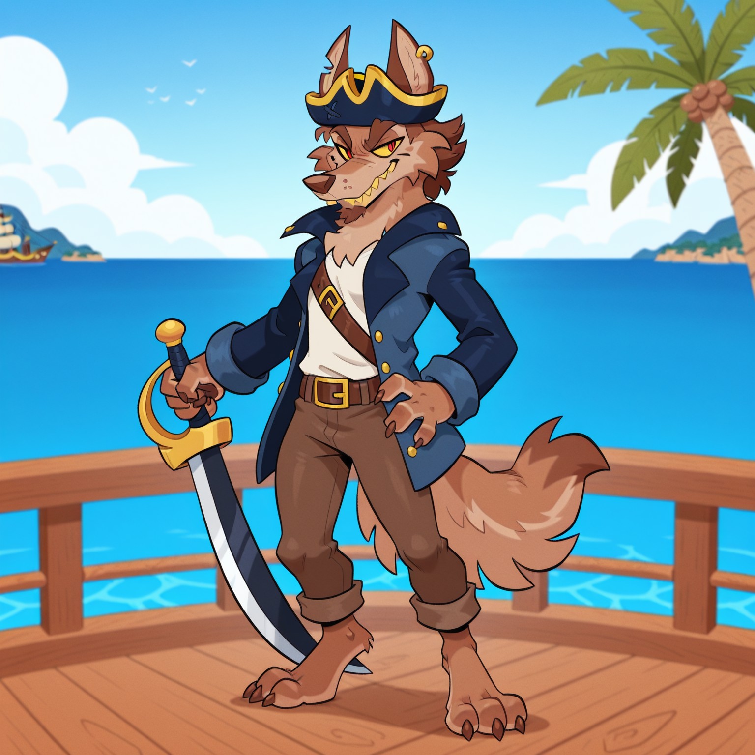 <lora:Skurv_the_Coyote:1>, masterpiece, best quality, hires, absurdres, skurvthecoyote, coyote, solo, 1boy, male focus, furry male, furry, brown fur, closed mouth, sharp teeth, smile, two-tone fur, animal ears, yellow sclera, red eyes, teeth, thick eyebrows, pirate hat, earring, facial hair, blue jacket, open jacket, long sleeves, white undershirt, belt, pants, tail, ocean background, standing, on pirate ship, holding pirate sword, palm trees, feet, two toes, soles, claws