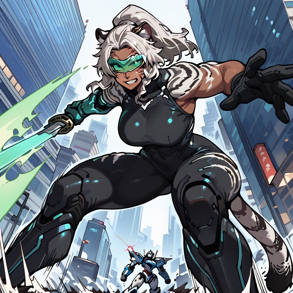 masterpiece, best quality, good quality, 1girl, white hair, ponytail, tall female, toned, tiger fur, tiger tail, tail, green eyes, facial marks, tiger ears, large breasts, dark-skinned female, muscular female, bodysuit, cybernetics, cybernetic arms, cybernetic legs, holding sword, green beam sword, cybernetic visor, giant robot, mecha, city, fighting, speedlines, (ireading:0.8), (Lhata4564_illu:0.3), eps