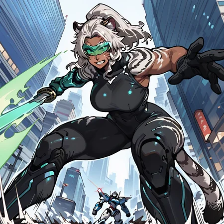 masterpiece, best quality, good quality, 1girl, white hair, ponytail, tall female, toned, tiger fur, tiger tail, tail, green eyes, facial marks, tiger ears, large breasts, dark-skinned female, muscular female, bodysuit, cybernetics, cybernetic arms, cybernetic legs, holding sword, green beam sword, cybernetic visor, giant robot, mecha, city, fighting, speedlines, (ireading:0.8), (Lhata4564_illu:0.3), eps
