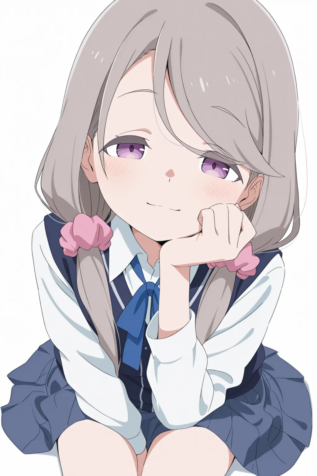 masterpiece, best quality, amazing quality,
monosakurako-default, purple eyes, grey hair, low twintails, pink scrunchie, school uniform, blue ribbon, white shirt, long sleeves, blue vest, pleated skirt, (black socks, loafers:0),
1girl, portrait, sitting, simple background, white background, looking at viewer, half-closed eyes, light smile, closed mouth