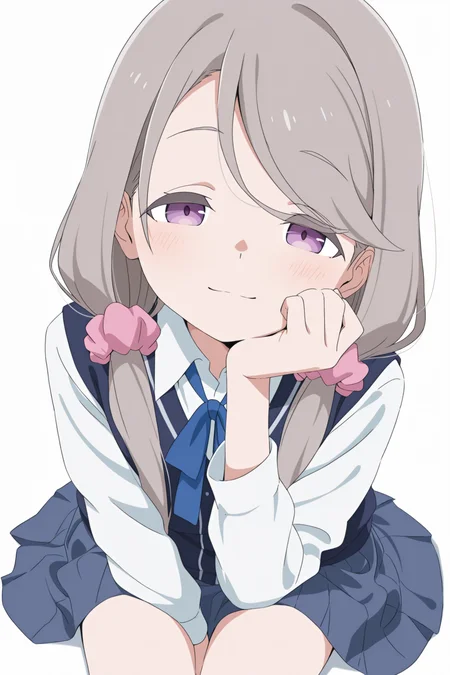 masterpiece, best quality, amazing quality, 

monosakurako-default, purple eyes, grey hair, low twintails, pink scrunchie, school uniform, blue ribbon, white shirt, long sleeves, blue vest, pleated skirt, (black socks, loafers:0), 

1girl, portrait, sitting, simple background, white background, looking at viewer, half-closed eyes, light smile, closed mouth