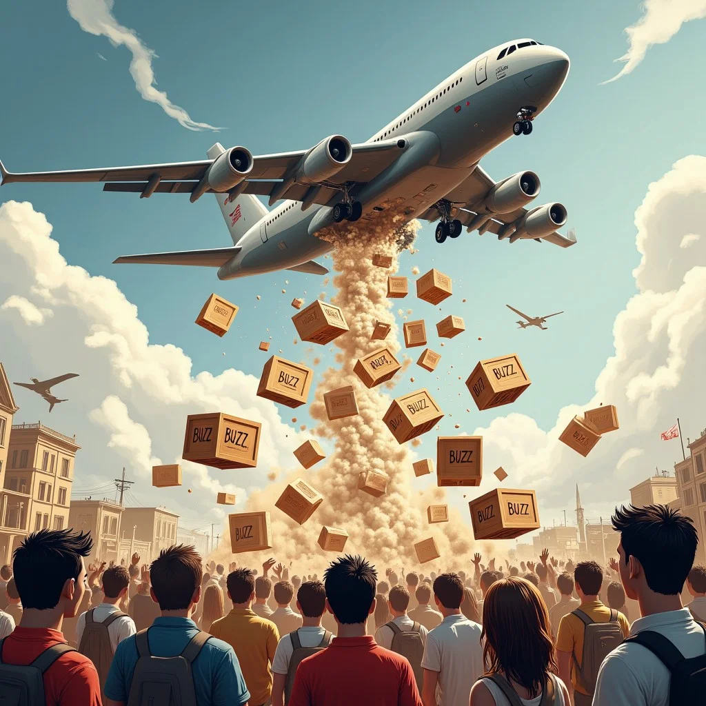 C-17 cargo plane flying over a crowd of hungry citizens. Crates are falling out of the plane down towards the citizens. the crates are labelled "BUZZ".