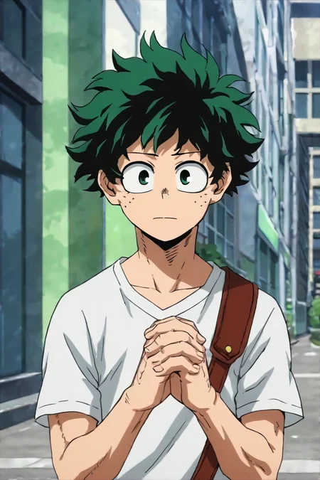 score_9, score_8_up, score_7_up, score_6_up, score_5_up, score_4_up, BREAK source_anime, anime screencap, anime coloring, official style, , upper body, , 1boy, solo, male focus, <lora:izuku_midoriya_pony:0.96>, izuku_midoriya, green hair, green eyes, short hair, freckles, , , fantasy city, Hands clasped in front, showing attentiveness, <lora:sdxl_lightning_8step_lora:1>
