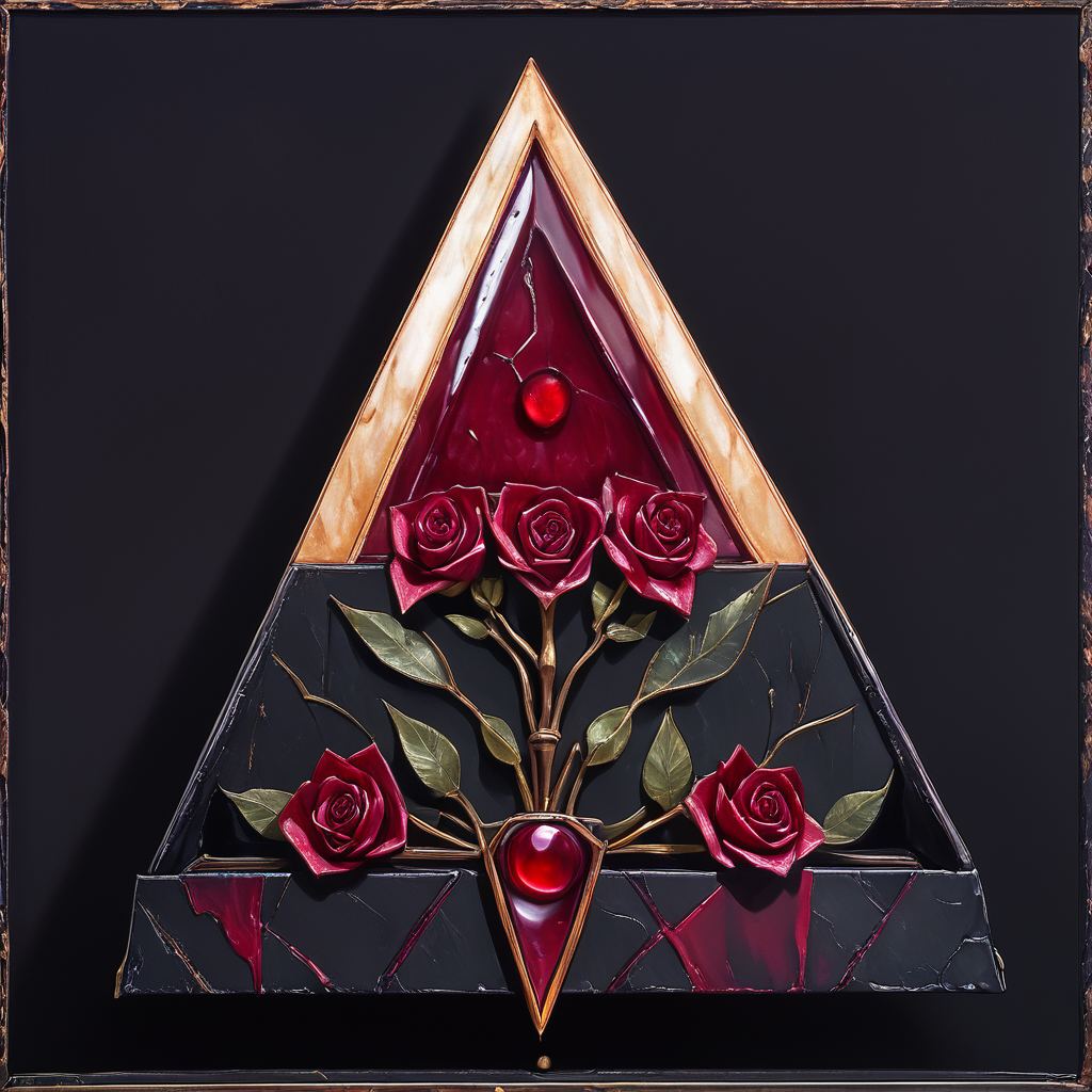 core_9, score_8_up, score_7_up,  <lora:Art_DecoPony:1> ArsMJStyle, Art Deco, The image shows a red rose in the center of a triangle on a black background surrounded by a golden triangle. The rose is a deep red color and the triangle is a golden hue. The background is a stark black creating a striking contrast with the vibrant red of the rose., no humans, still life, flower, red flower, rose, traditional media, red rose, border, leaf, painting (medium), framed, red gemstone, acrylic paint (medium), coffin