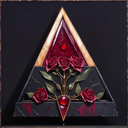 core_9, score_8_up, score_7_up, <lora:Art_DecoPony:1> ArsMJStyle, Art Deco, The image shows a red rose in the center of a triangle on a black background surrounded by a golden triangle. The rose is a deep red color and the triangle is a golden hue. The background is a stark black creating a striking contrast with the vibrant red of the rose., no humans, still life, flower, red flower, rose, traditional media, red rose, border, leaf, painting (medium), framed, red gemstone, acrylic paint (medium), coffin