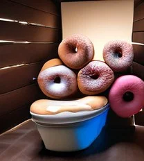 d0nu71f13d, a photorealistic image of a cat made of doughnuts sitting on a toilet made of doughnuts, cinematic lighting, absurdres, donuts, vibrant colours,