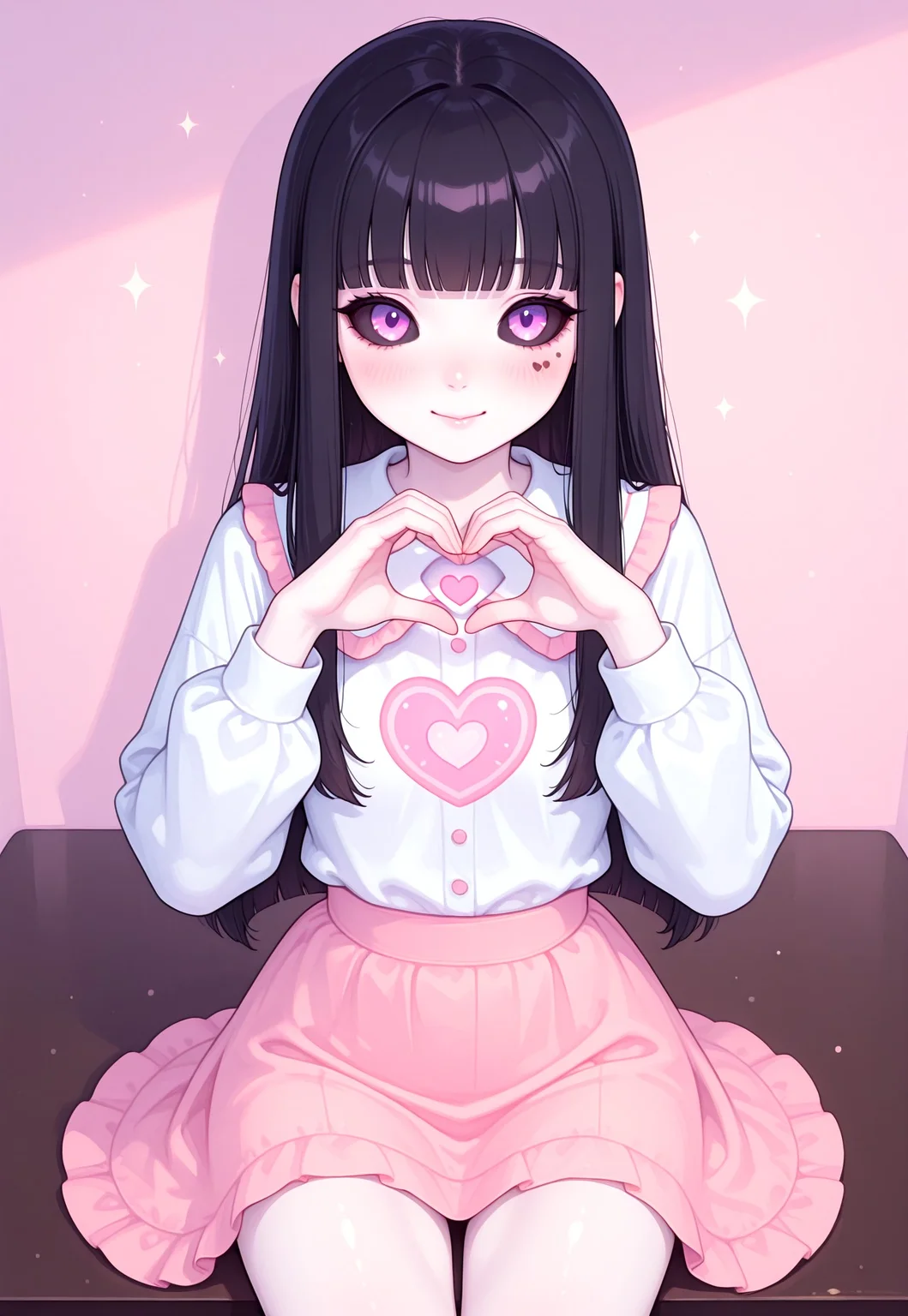 masterpiece, best quality, ultra-detailed, photorealistic, 1girl, young woman,
cute smile, making heart shape with hands, looking at viewer, sitting at table,
long black straight hair, blunt bangs,
pale skin, soft blush on cheeks,
glowing purple eyes, dark eyeliner, subtle dark sclera,
slim face, small nose, beauty marks,
cute pastel outfit, simple pastel background, kawaii themed cafe, cute plushies, latte art, dreamy pastel tones, soft lighting,
kawaii aesthetics, japanese idol,
ng_deepnegative_v1_75t, Luna Corvus, k4w4iim1r41