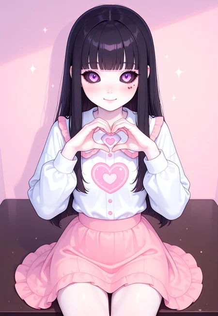 masterpiece, best quality, ultra-detailed, photorealistic, 1girl, young woman,
cute smile, making heart shape with hands, looking at viewer, sitting at table,
long black straight hair, blunt bangs,
pale skin, soft blush on cheeks,
glowing purple eyes, dark eyeliner, subtle dark sclera,
slim face, small nose, beauty marks,
cute pastel outfit, simple pastel background, kawaii themed cafe, cute plushies, latte art, dreamy pastel tones, soft lighting,
kawaii aesthetics, japanese idol,
ng_deepnegative_v1_75t, Luna Corvus, k4w4iim1r41