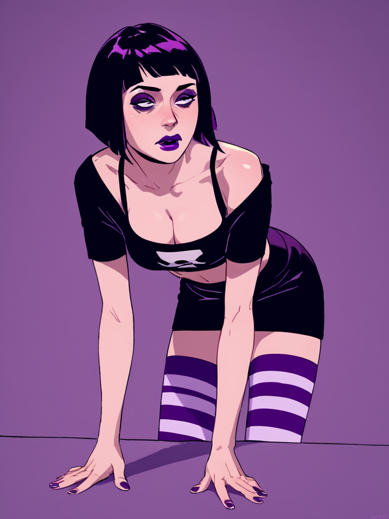 score_7_up, score_8_up, score_9, masterpiece, perfect face, perfect hands, high quality, source_anime, <lora:Triana_Orpheus_-_Venture_Bros:1>triana, short hair, bob cut, purple hair, black hair, striped thighhighs, skirt, black croptop, makeup, purple lipstick, cleavage, bent over,
