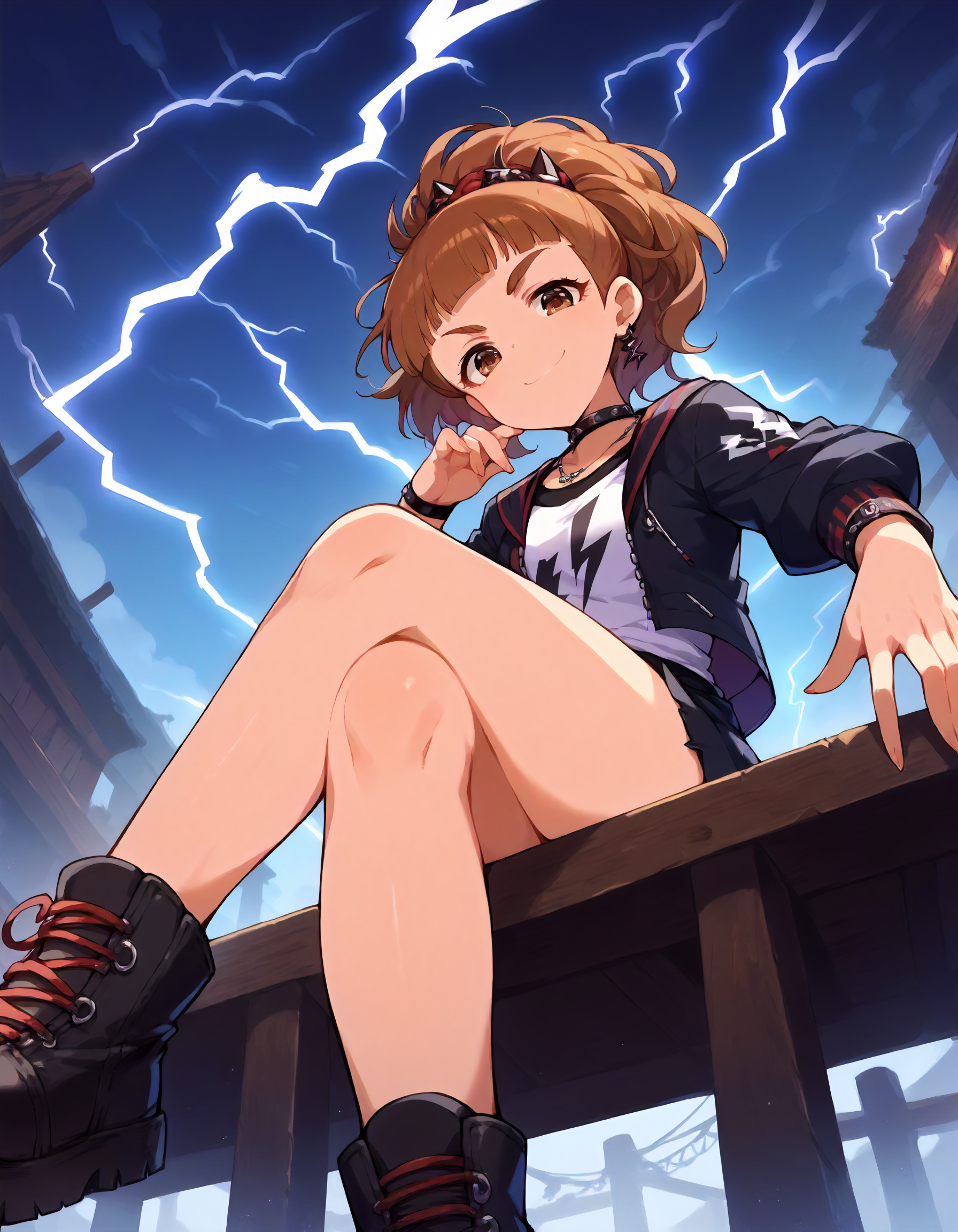 score_9,score_8_up,score_7_up,1girl,solo,sitting,looking at viewer,dark theme,evil smile,crossed legs,lightning,arm support,from below,
<lora:oonishiyuriko_ponyXLV6:0.8>,cgoyr,brown hair,ponytail,blunt bangs,thick eyebrows,brown eyes,
(punkish gothic:0.2)