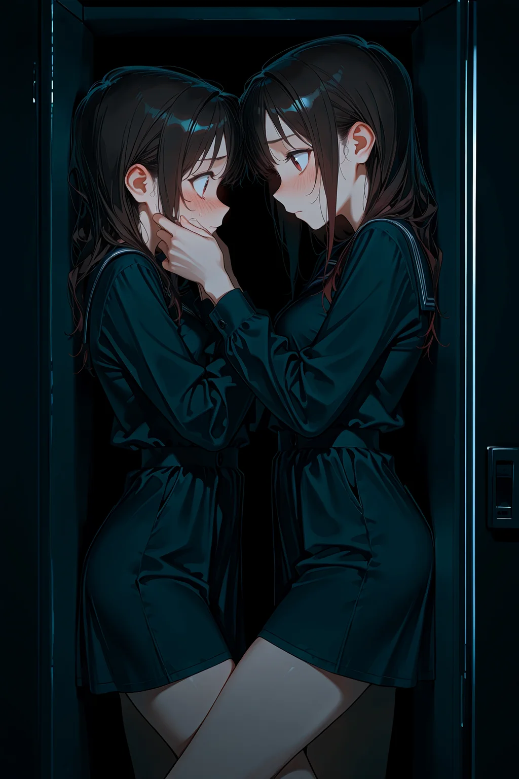 2girls, height difference,
blush, embarrassed, facing another, face-to-face,
standing, knee up,
in locker, dark, black background,
cowboy shot, <lora:inlockerillv1:1>,, masterpiece, best quality, amazing quality, very aesthetic, absurdres, highres, newest,<lora:xl_saturation_slider:0.1> <lora:add-detail-xl:1> <lora:illustriousXLv01_stabilizer_v1.121:0.4> <lora:reduce_wrinkles_illstriouosv0.1_ADDifT_2_in_1_v1.2:0.9>