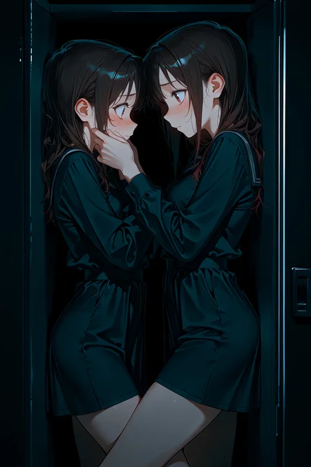 2girls, height difference,
blush, embarrassed, facing another, face-to-face,
standing, knee up,
in locker, dark, black background,
cowboy shot, <lora:inlockerillv1:1>,, masterpiece, best quality, amazing quality, very aesthetic, absurdres, highres, newest,<lora:xl_saturation_slider:0.1> <lora:add-detail-xl:1> <lora:illustriousXLv01_stabilizer_v1.121:0.4> <lora:reduce_wrinkles_illstriouosv0.1_ADDifT_2_in_1_v1.2:0.9>