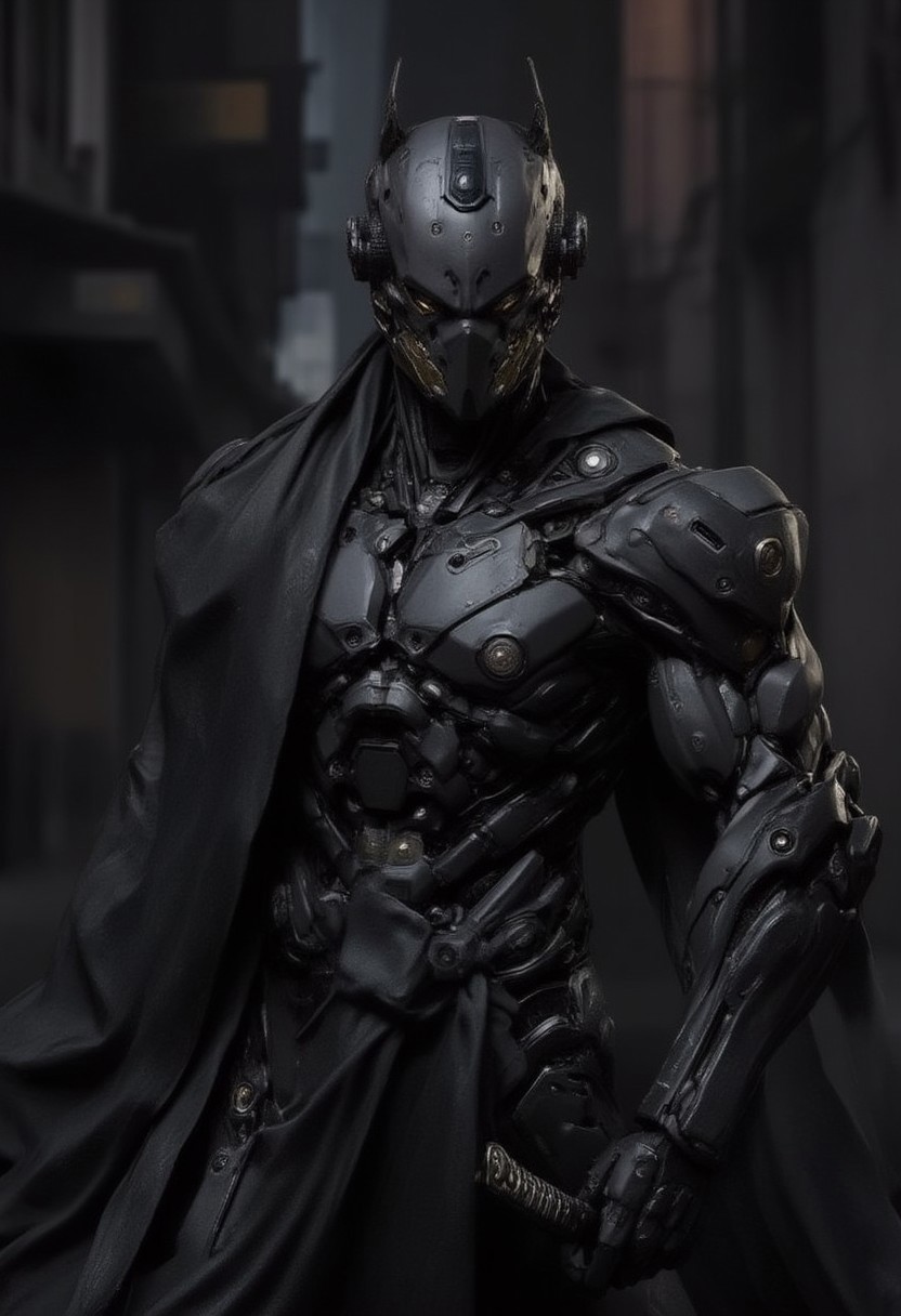 Male cyborg in a cyberpunk city alley at night, Cyber-Samuraji, high action pose, highly detailed, reflective armor, shadows
