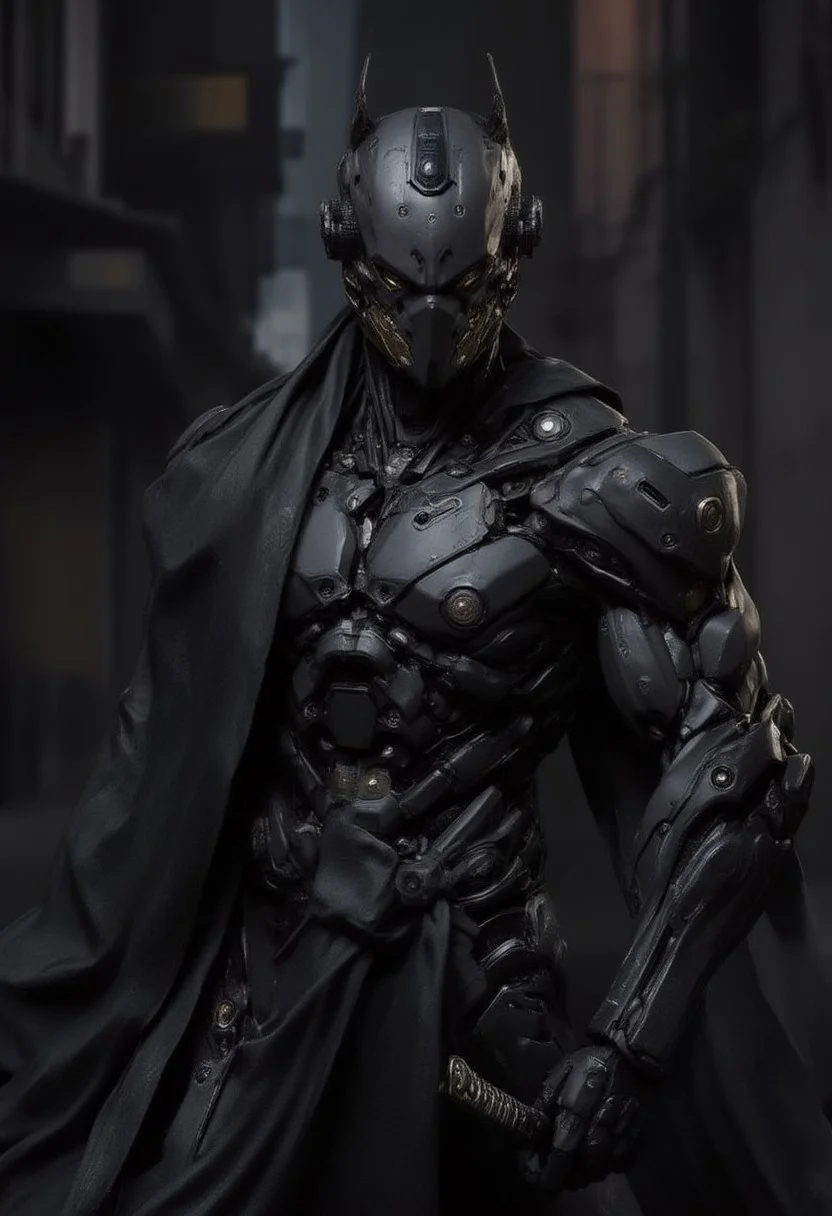Male cyborg in a cyberpunk city alley at night, Cyber-Samuraji, high action pose, highly detailed, reflective armor, shadows