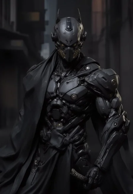 Male cyborg in a cyberpunk city alley at night, Cyber-Samuraji, high action pose, highly detailed, reflective armor, shadows